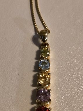 Beautiful Gold Over Sterling Graduating Multi- Gemstone Pendant Necklace 18 Inch